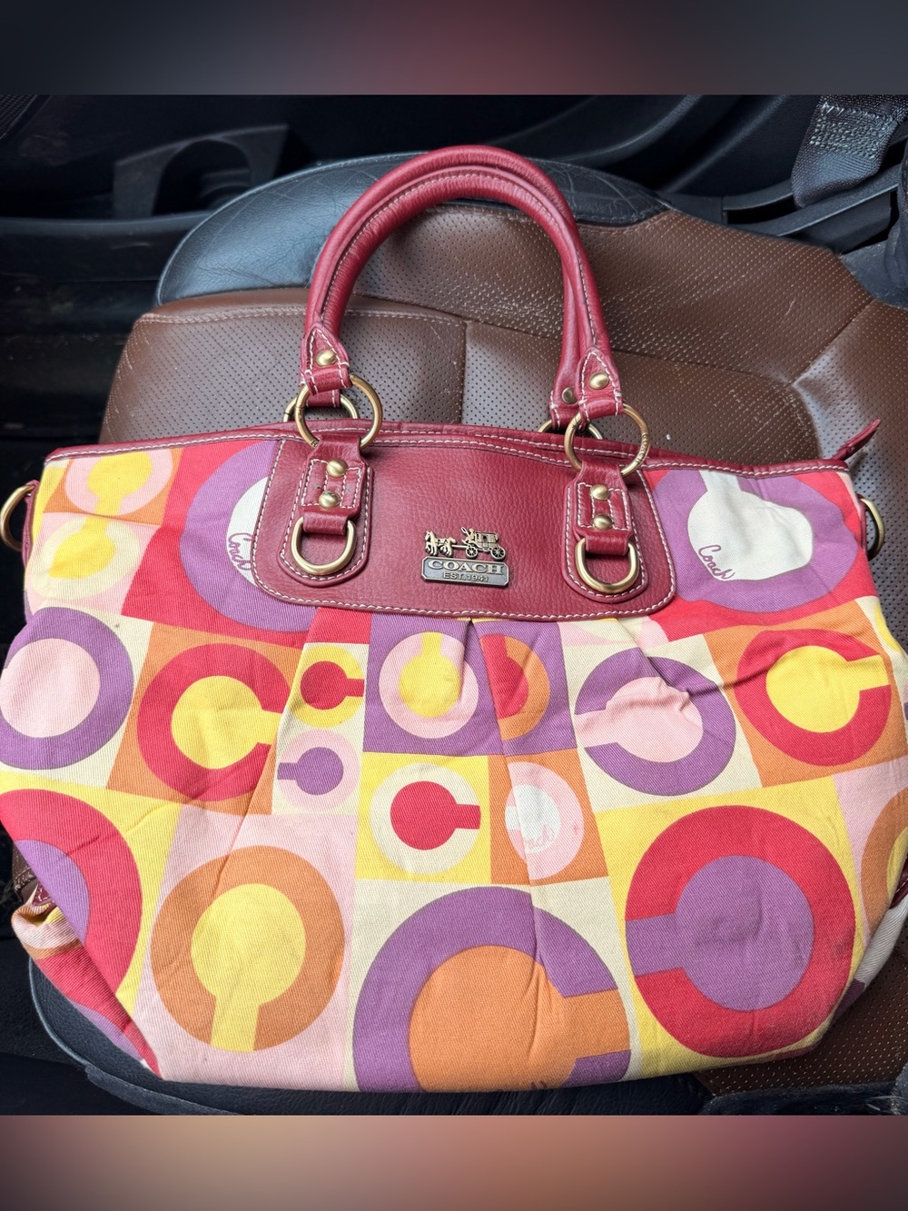 Y2K Coach Multicolor Circle Print Shoulder Bag with Red Leather Trim